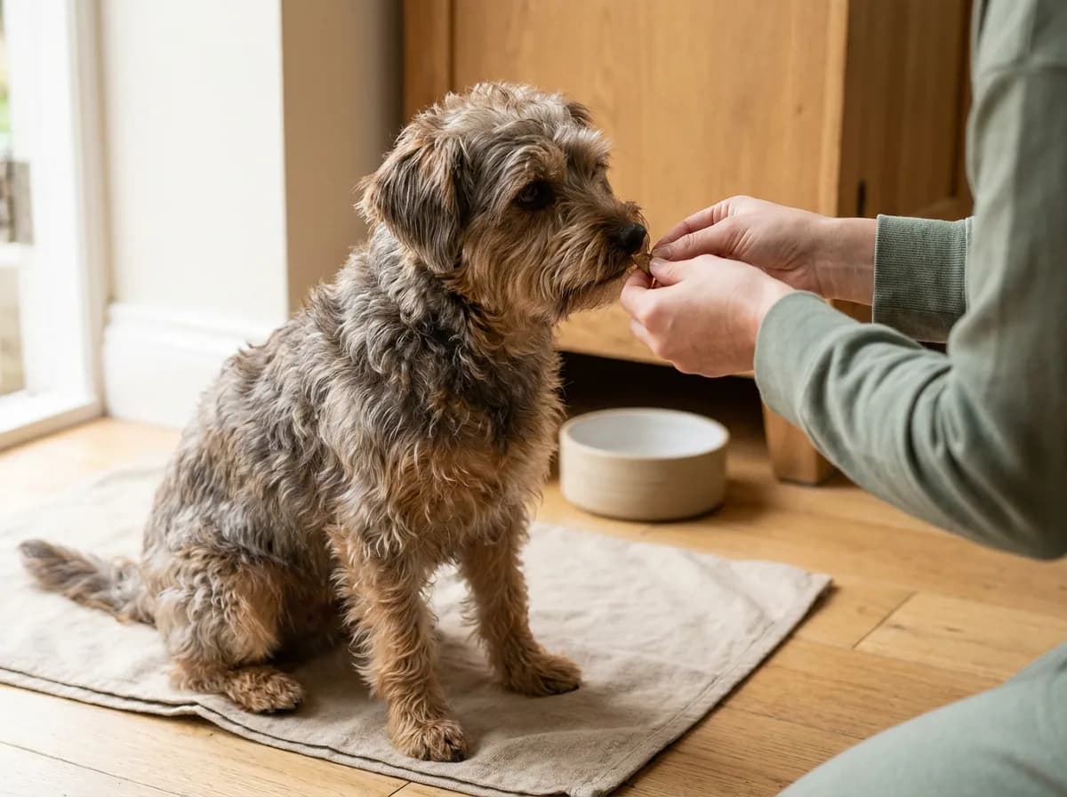 Illustrated brown shaggy-coated dog sitting on a mat while receiving a small reward.