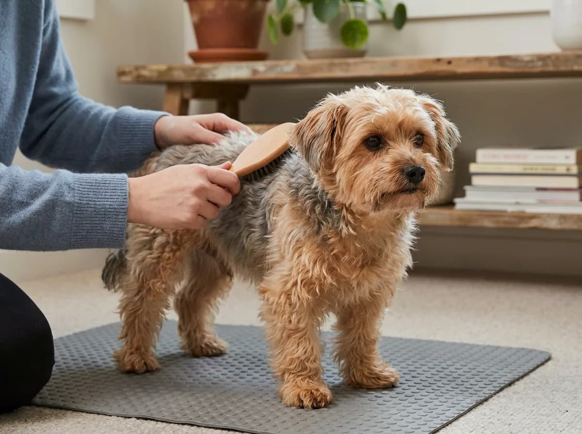 Illustrated tan shaggy-coated small dog being brushed on a nonslip mat.