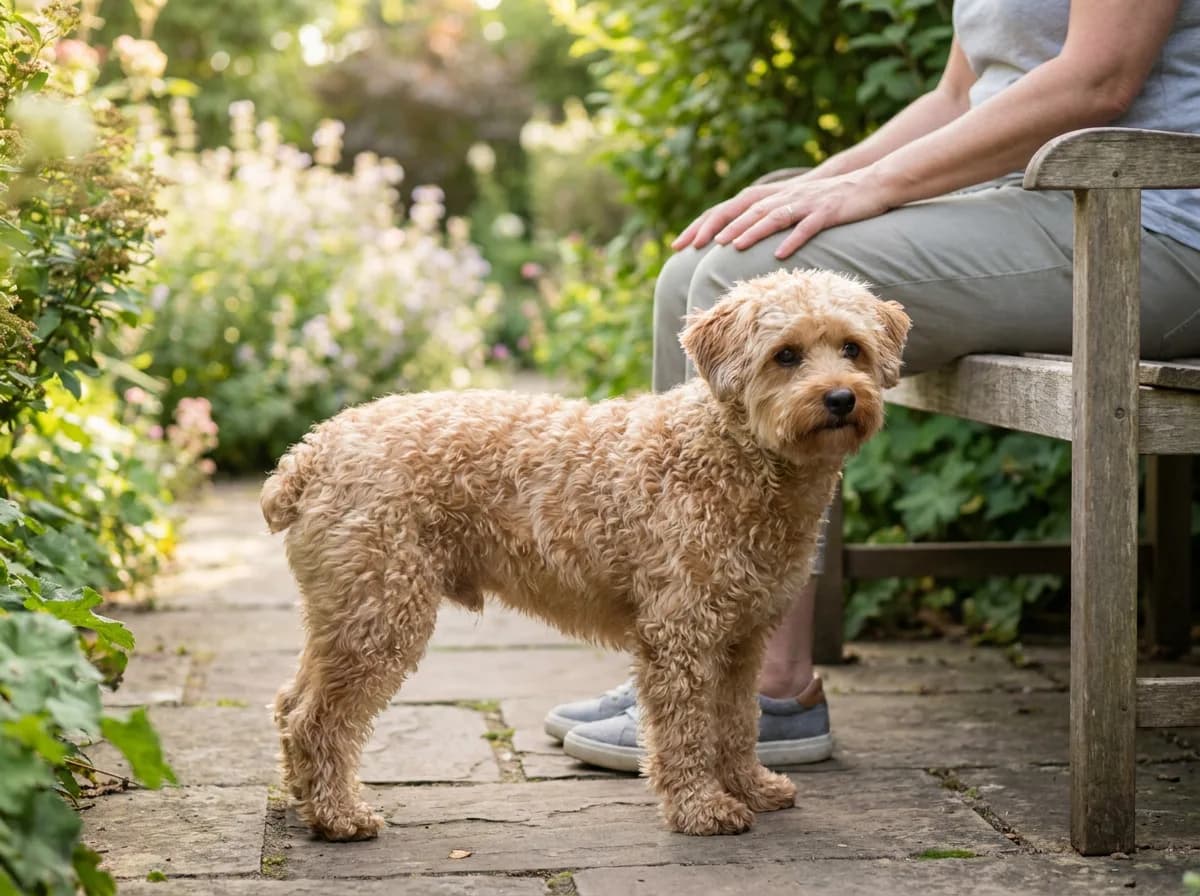 Illustrated tan curly-coated adult small dog standing beside a seated person outdoors.