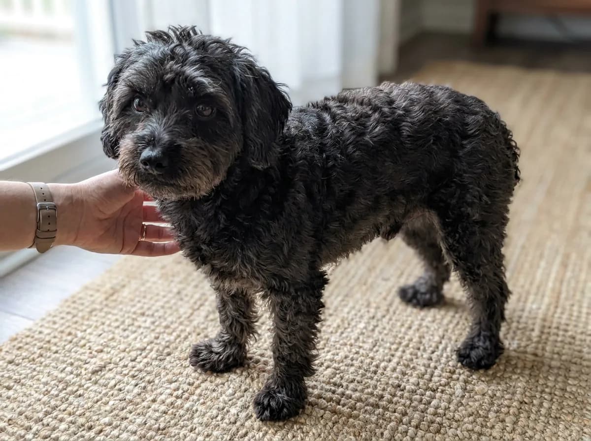 Illustrated black curly-coated small dog standing on a rug beside a person’s hand.