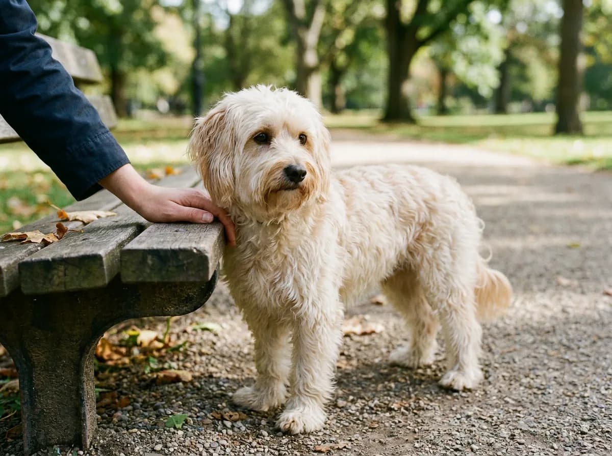 Illustrated cream shaggy-coated small dog standing beside a low garden wall.