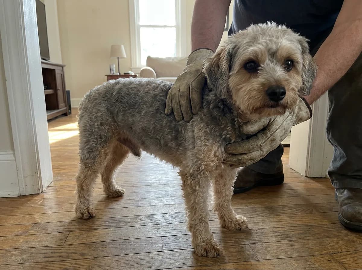 Illustrated gray-and-tan small dog standing in a doorway beside a kneeling adult.