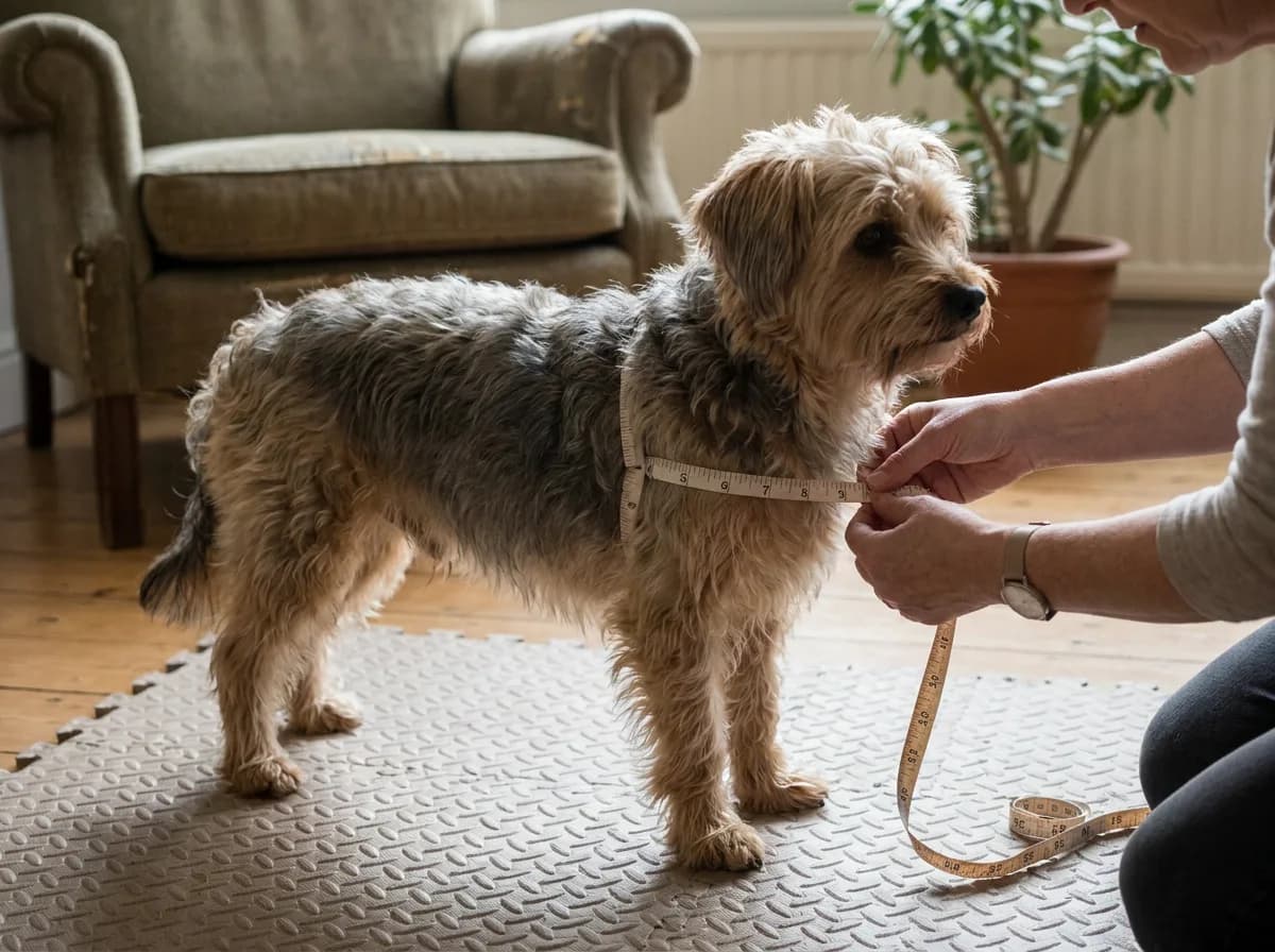 Illustrated brown small dog standing while a person checks chest dimensions with a tape.