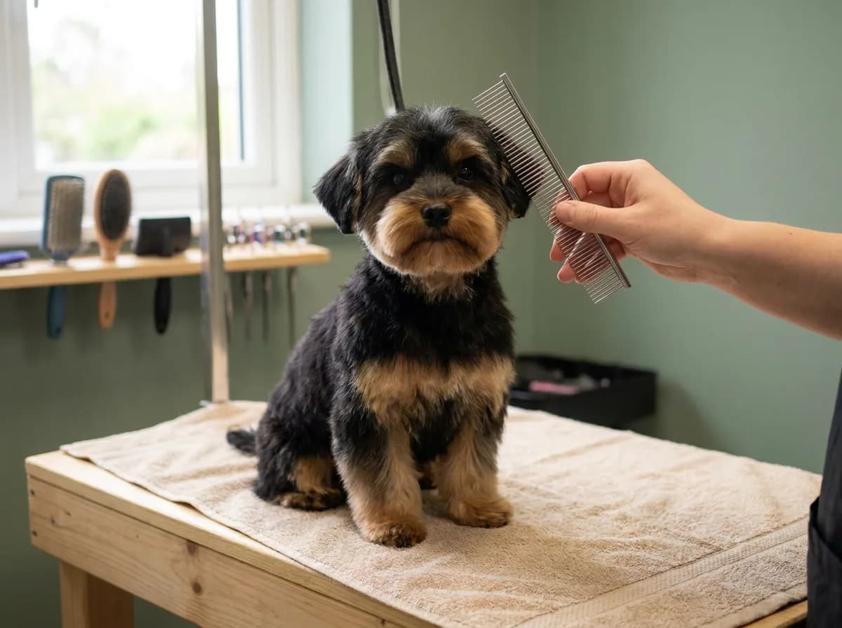 Illustrated black-and-tan trimmed small dog seated beside a grooming comb.