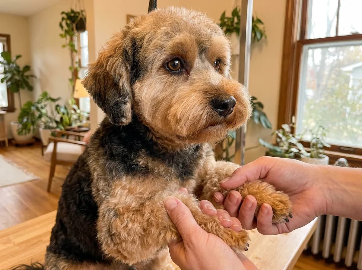 Illustrated close view of a small black-and-tan dog with rounded facial hair.