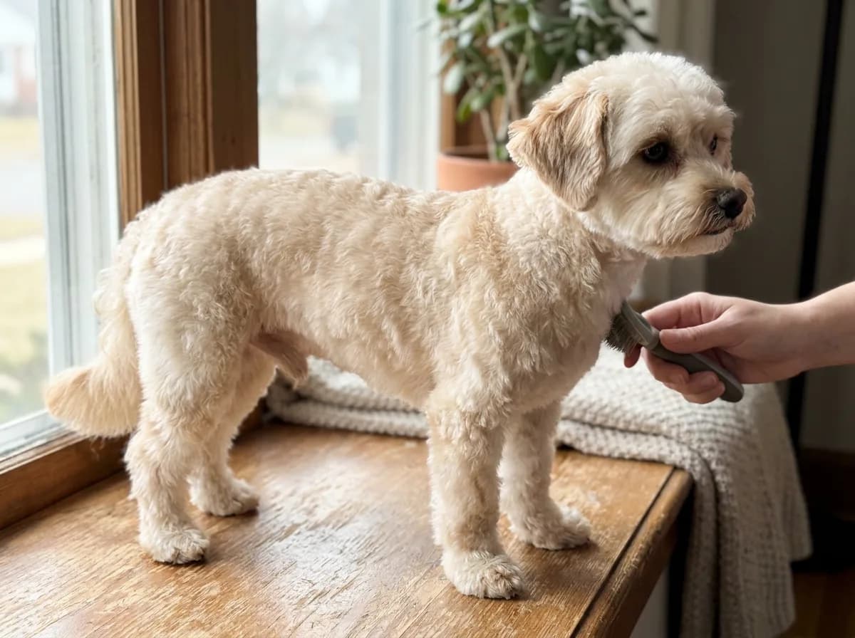 Illustrated cream small dog with a short body trim standing on a grooming surface.