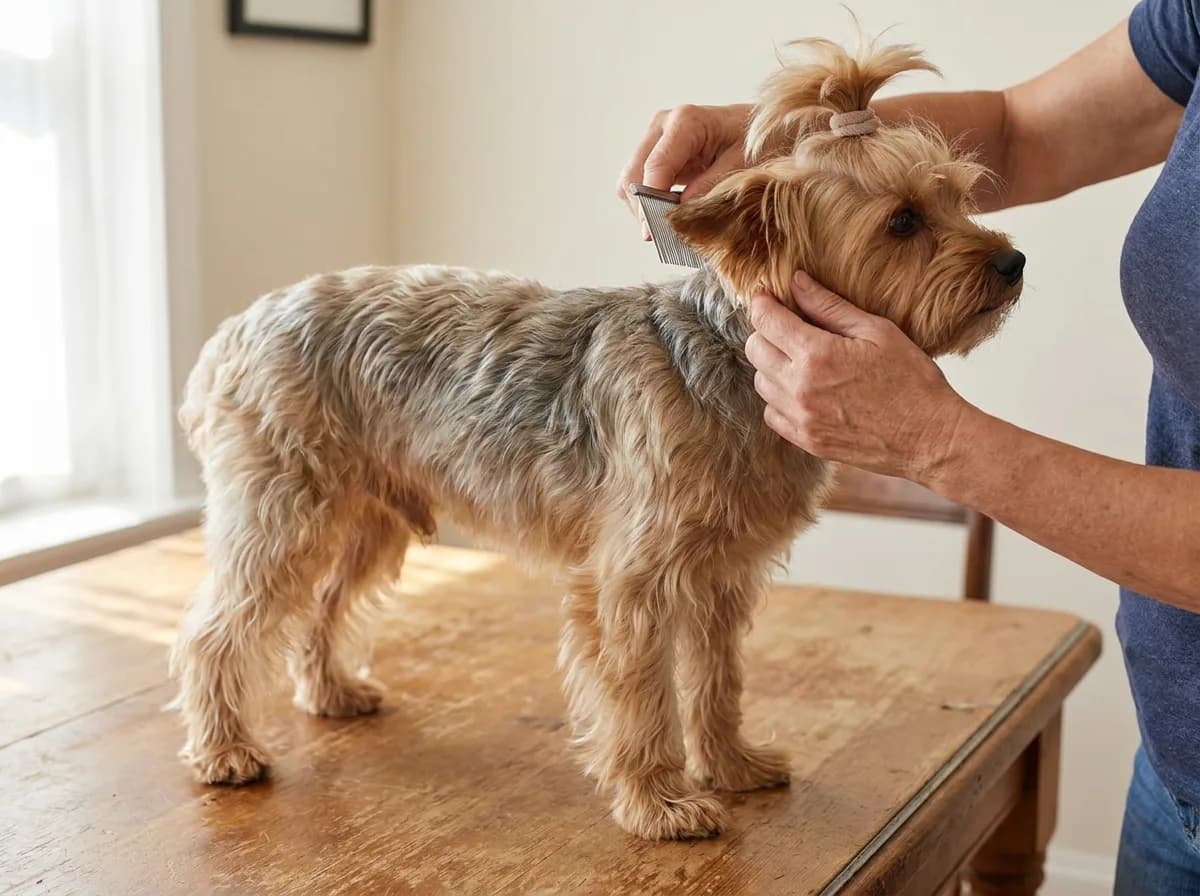 Illustrated small gray-and-tan dog with gathered head hair on a grooming table.