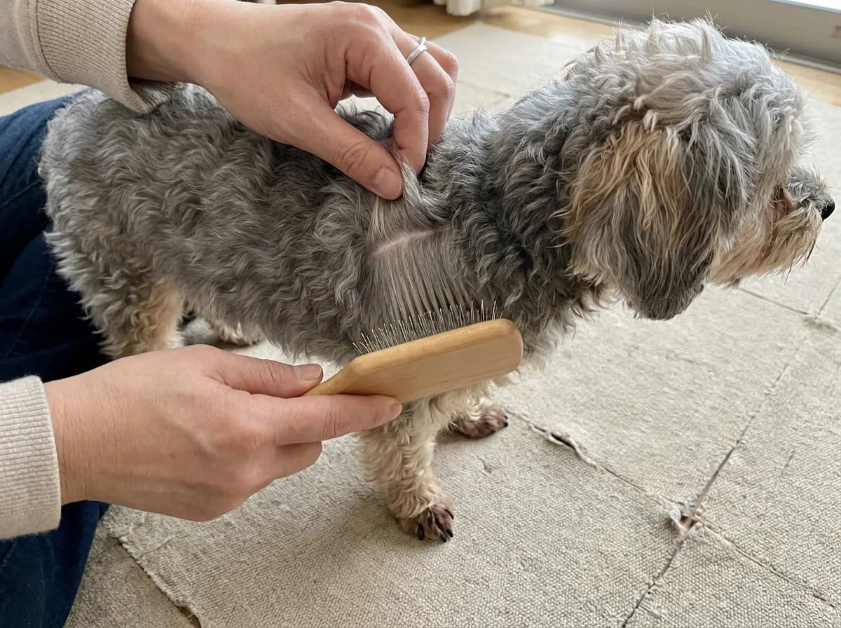Illustrated small gray-and-tan dog with a parted coat section being gently brushed at the roots.