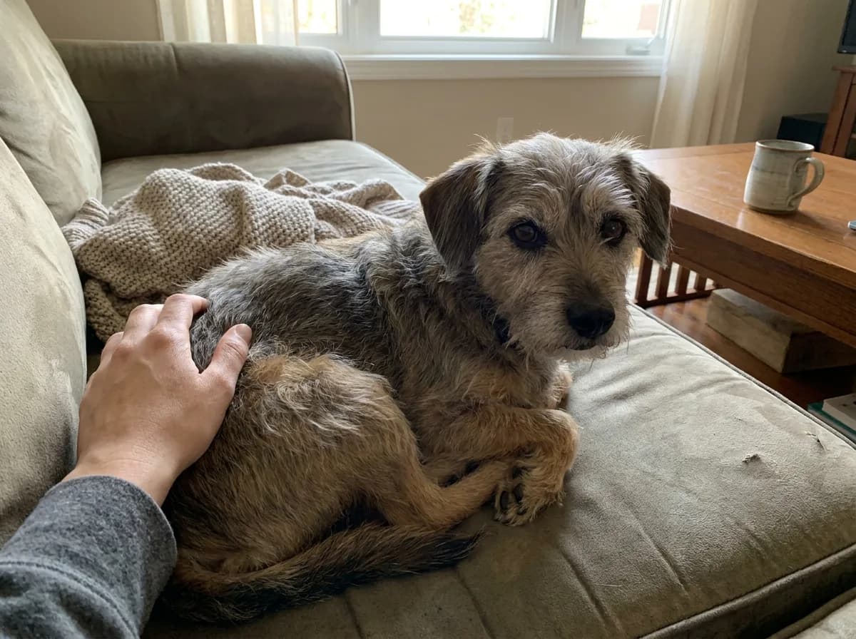 Illustrated gray-and-tan older-looking small dog resting on a padded sofa.