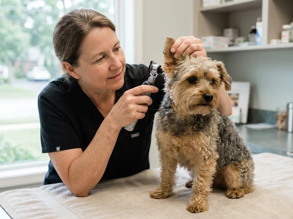 Illustrated veterinary professional gently examining a small dog’s ear.
