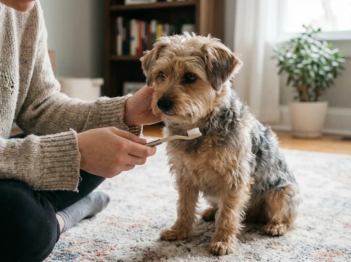 Illustrated small gray-and-tan dog being introduced to a toothbrush.