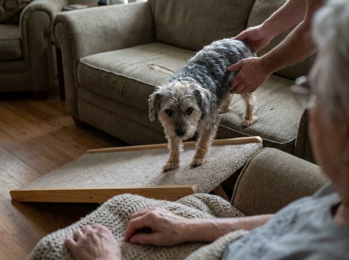 Illustrated small dog walking down a broad nonslip ramp beside a sofa.