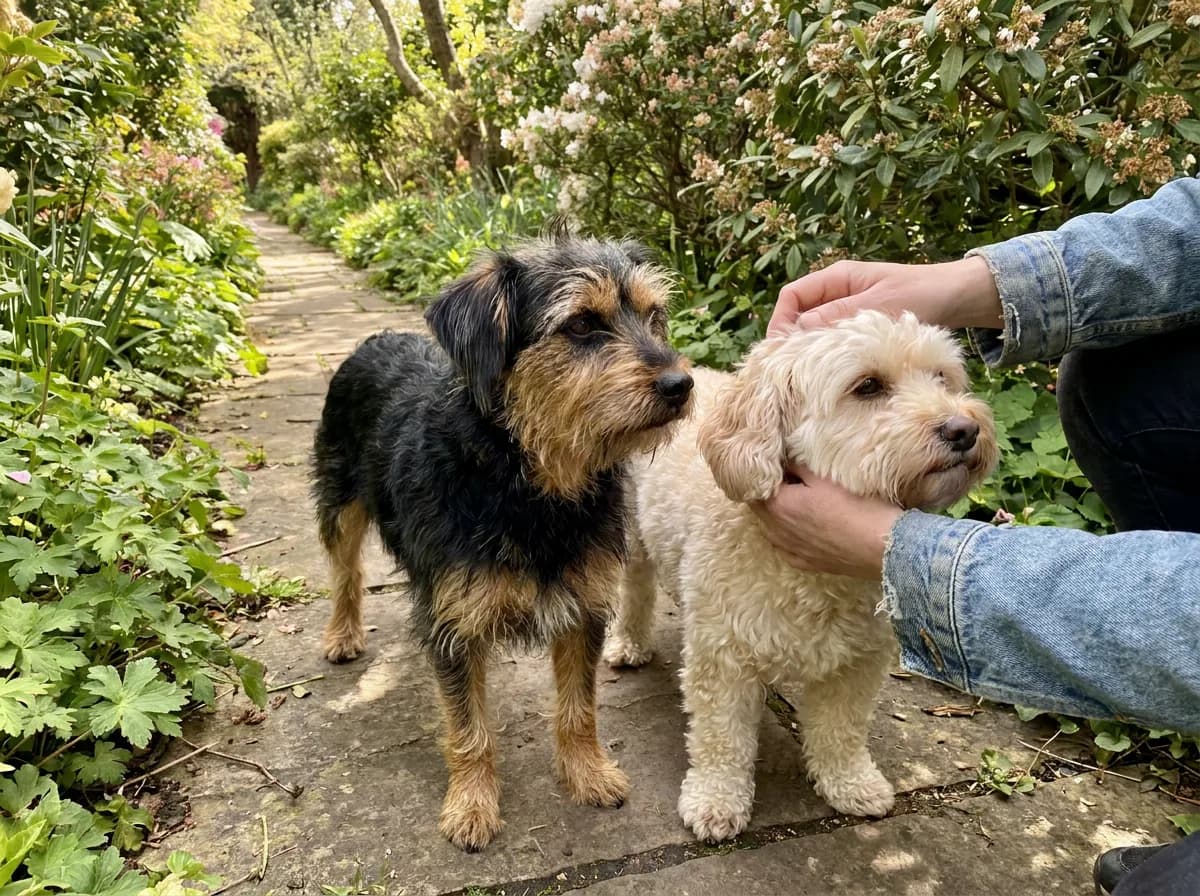 Illustrated black-and-tan and cream small dogs standing together beside greenery.