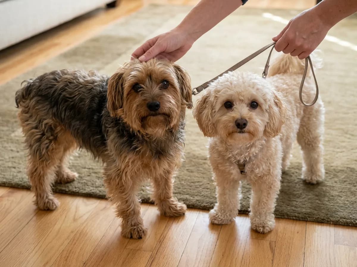 Illustrated brown shaggy-coated and cream curly-coated small dogs standing on a rug.