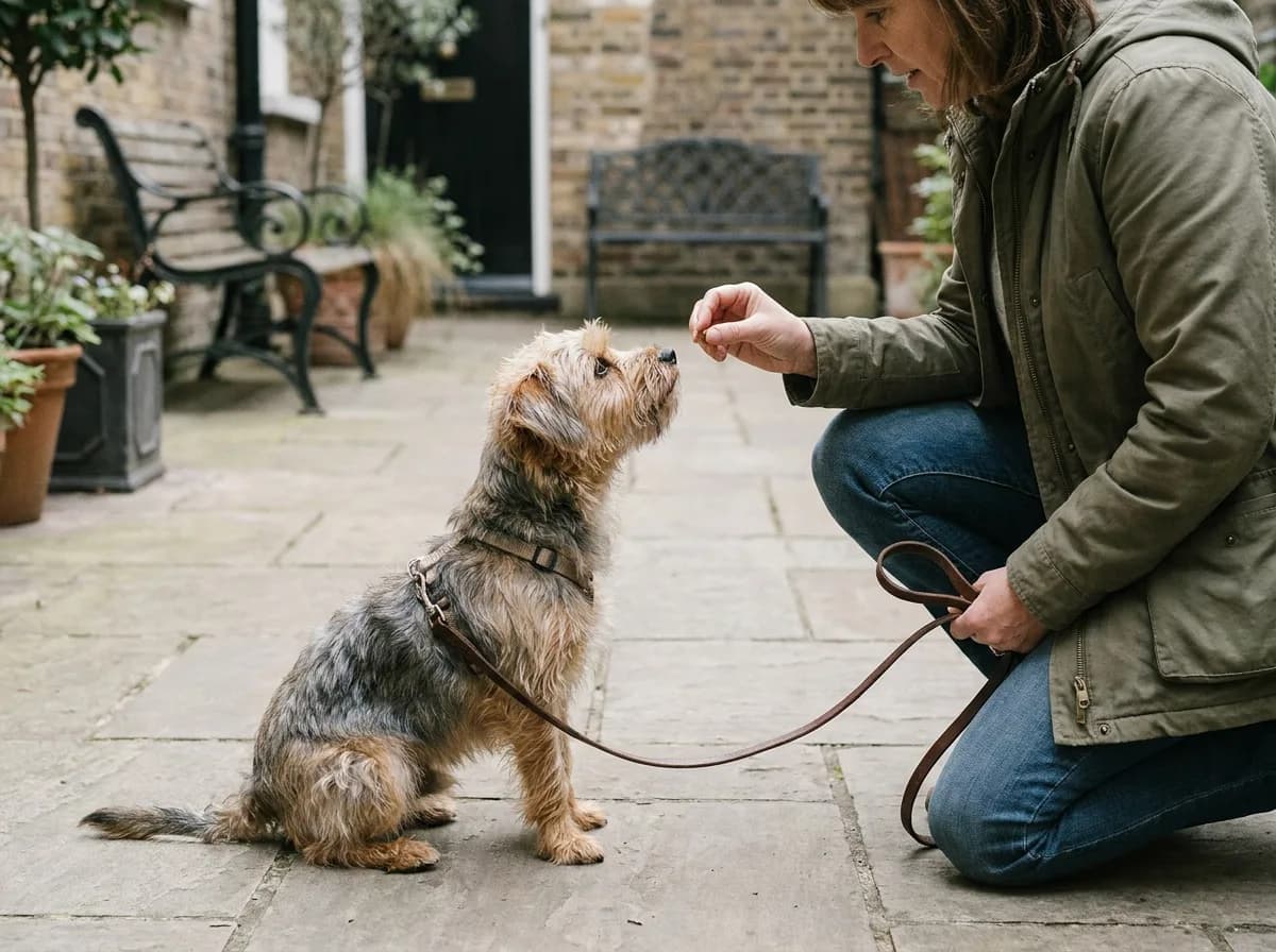 Illustrated small gray-and-tan dog practicing attention with a seated adult outdoors.