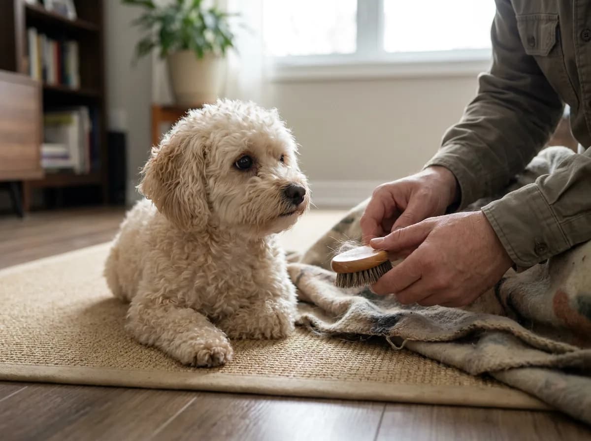 Illustrated cream curly-coated small dog having its coat brushed on a mat.