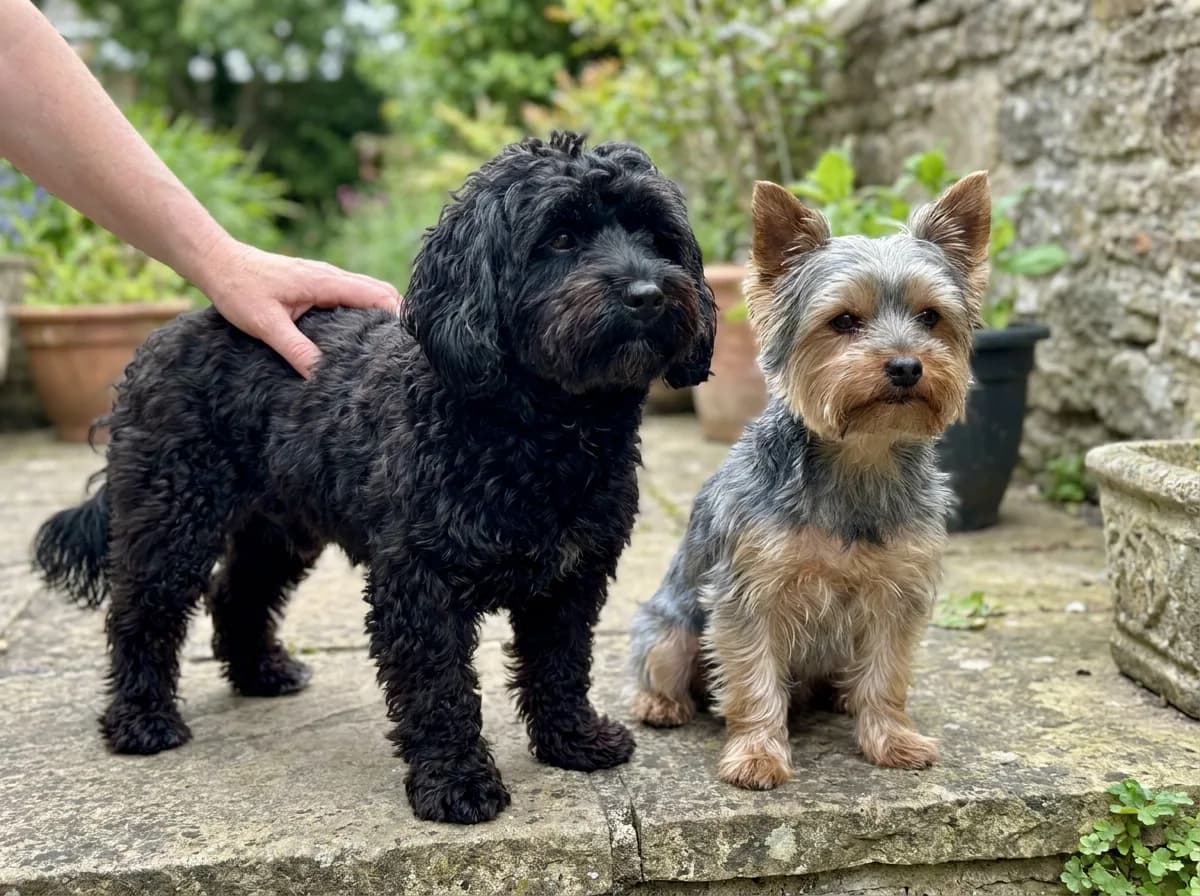 Illustrated black curly-coated small dog and a Yorkshire Terrier standing together on a garden path.