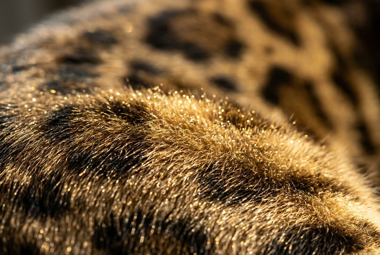 Close-up of a brown Bengal's coat in sunlight showing glitter effect on hair tips