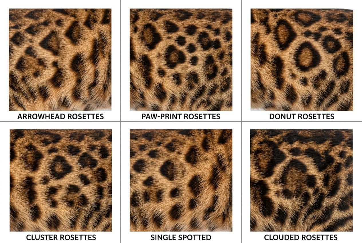 Diagram showing six types of Bengal rosette patterns side by side
