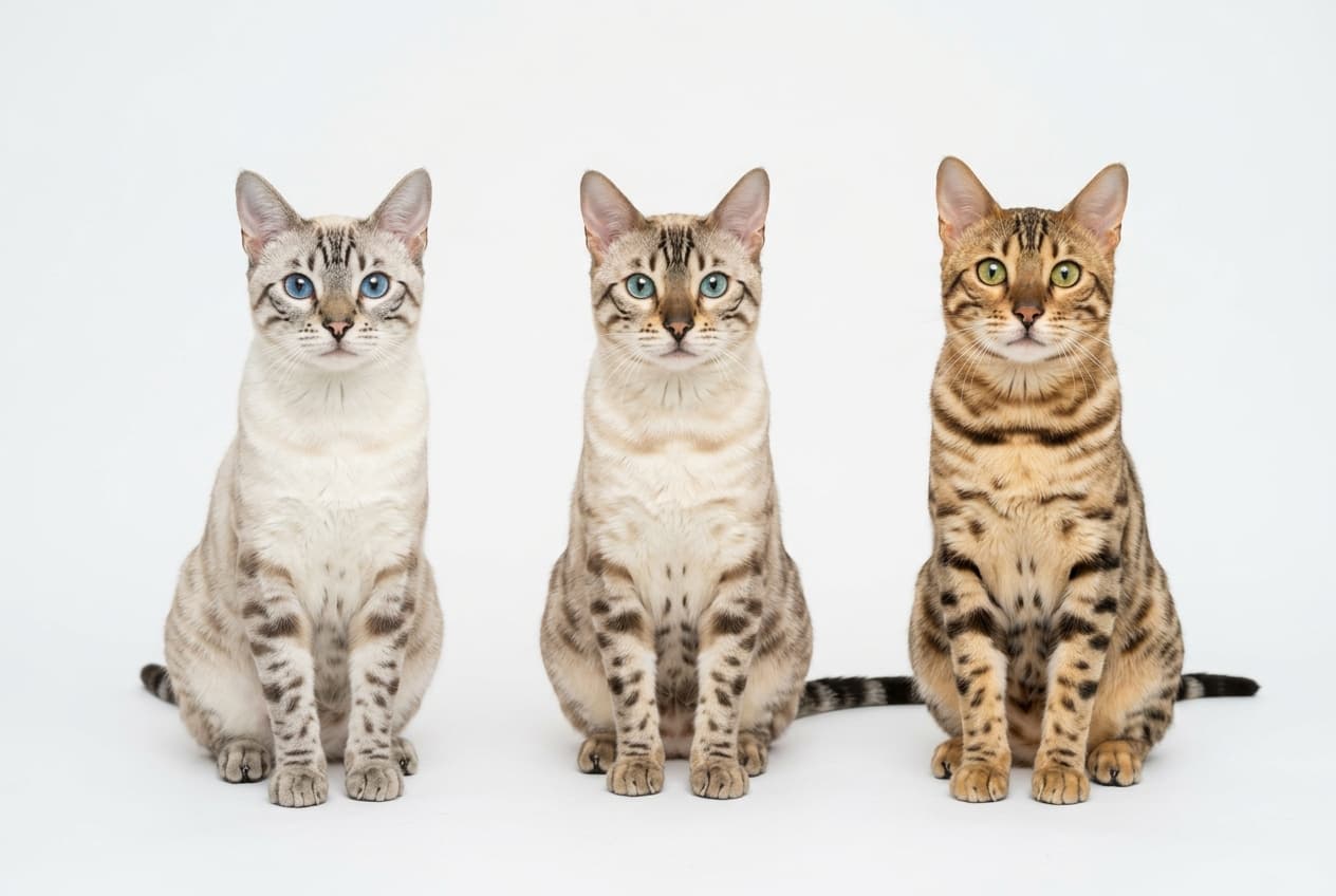 Three snow Bengals side by side showing seal lynx, seal mink, and seal sepia variations