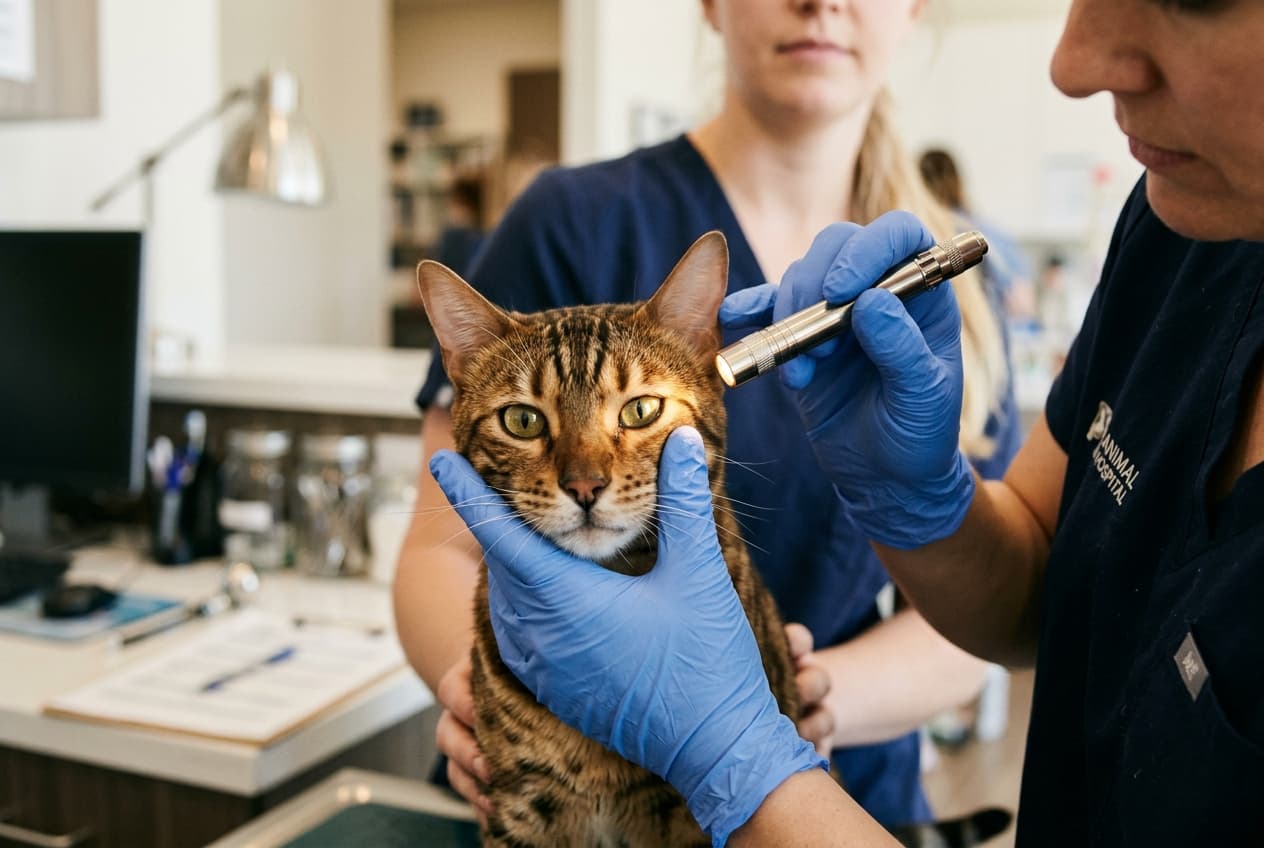 Bengal cat being examined by veterinarian during annual health screening