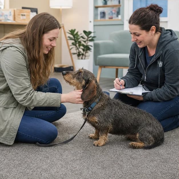 Adult Dachshund calmly meeting a prospective adopter with a rescue worker present