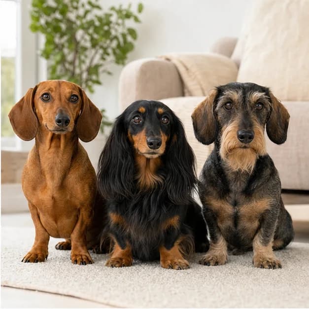 Smooth, longhaired, and wirehaired adult Dachshunds standing together with realistic coat textures