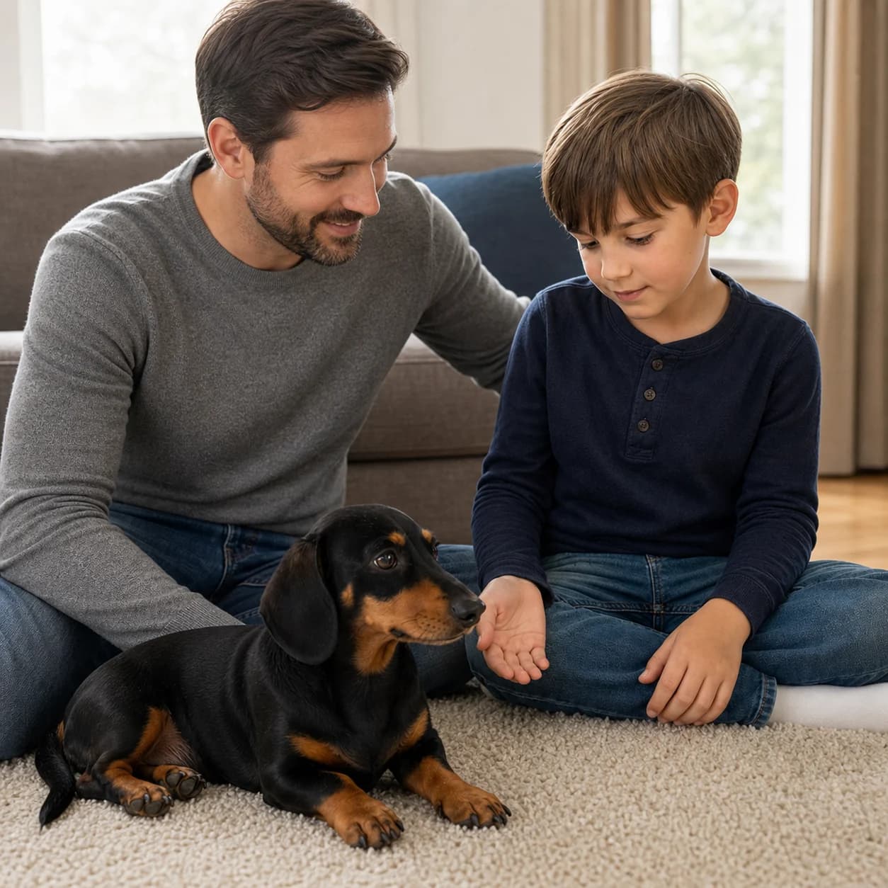 Adult Dachshund calmly interacting with an older child while an adult supervises nearby