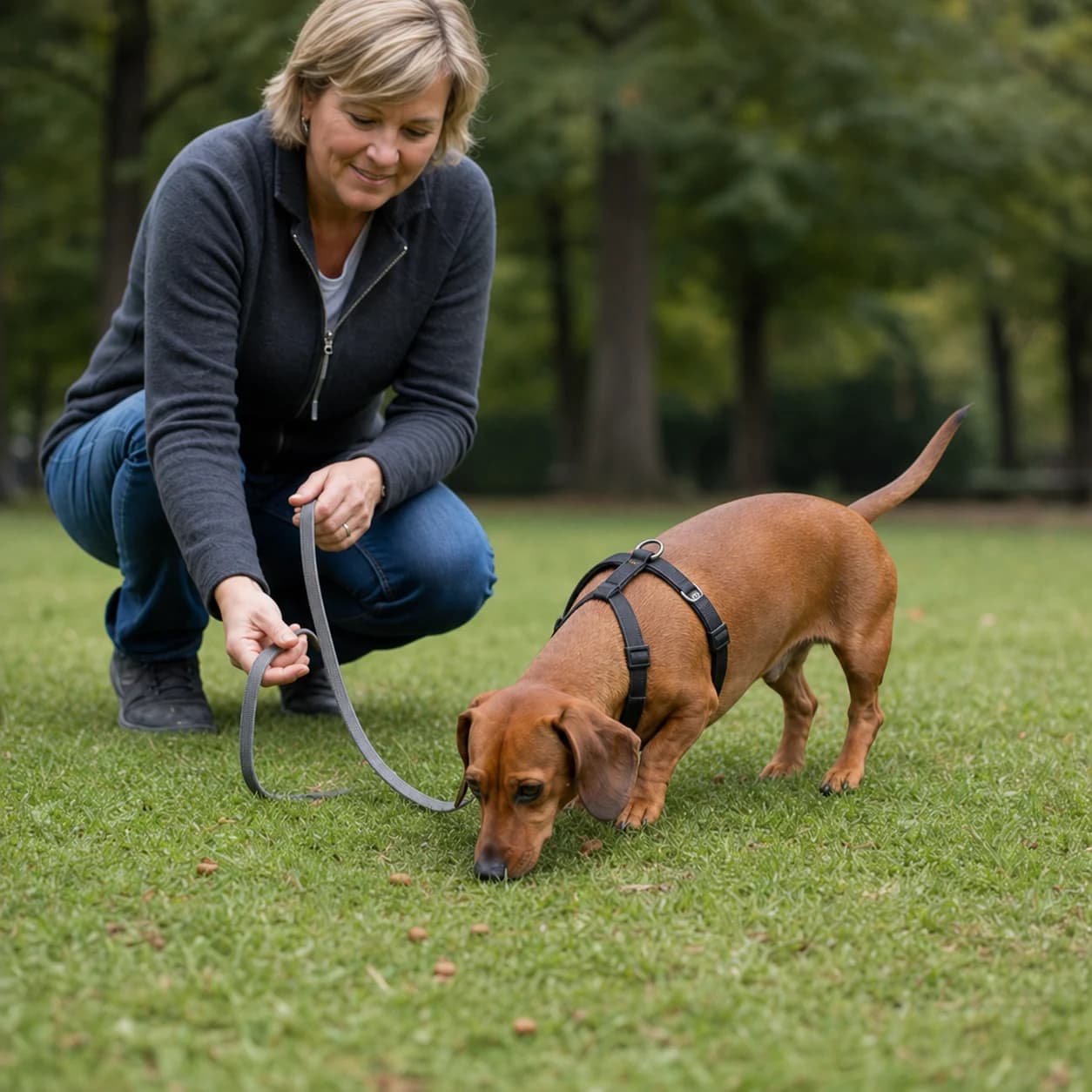 Dachshund following a scent trail on grass while its owner handles a loose leash
