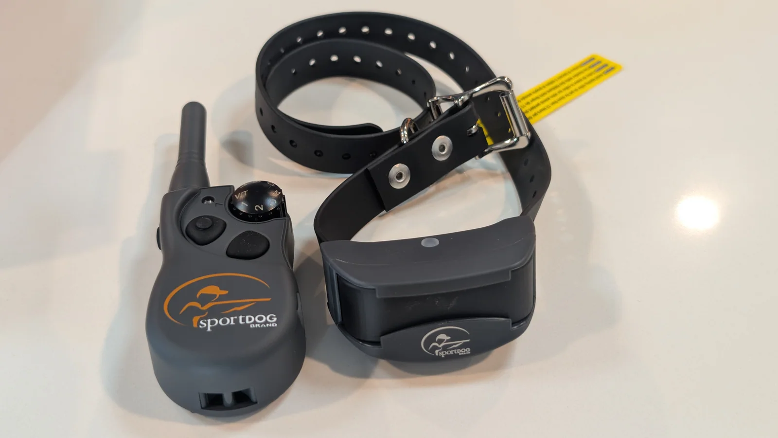 SportDOG FieldTrainer 425X transmitter beside its receiver collar and black strap