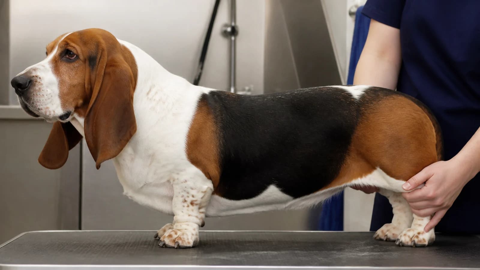 Adult tricolor Basset Hound in a full-body side portrait