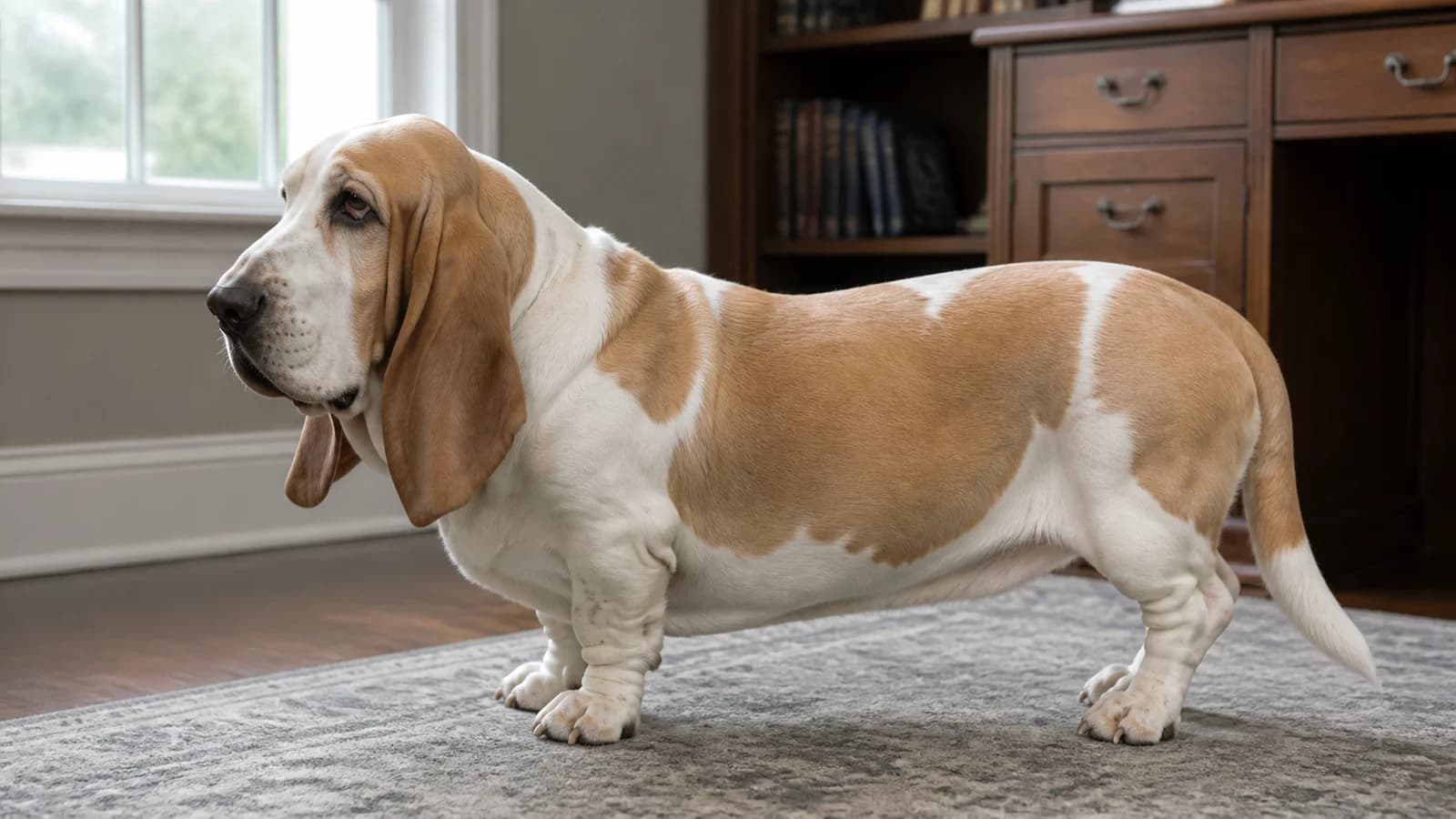 Adult lemon-and-white Basset Hound in a full-body side portrait
