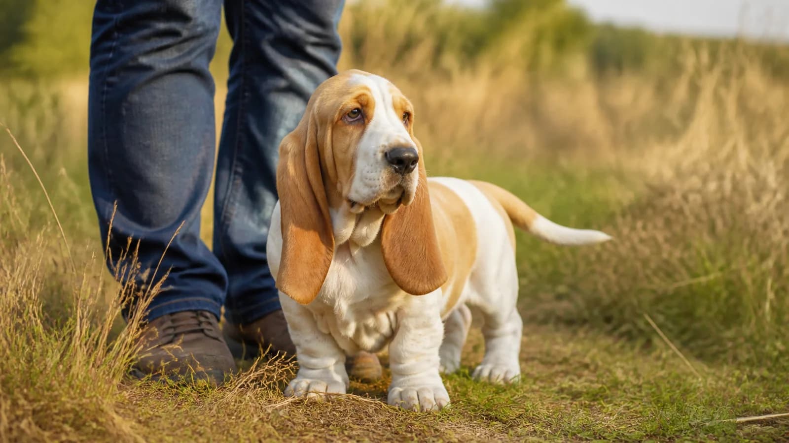 Lemon-and-white Basset Hound puppy beside an adult in natural light