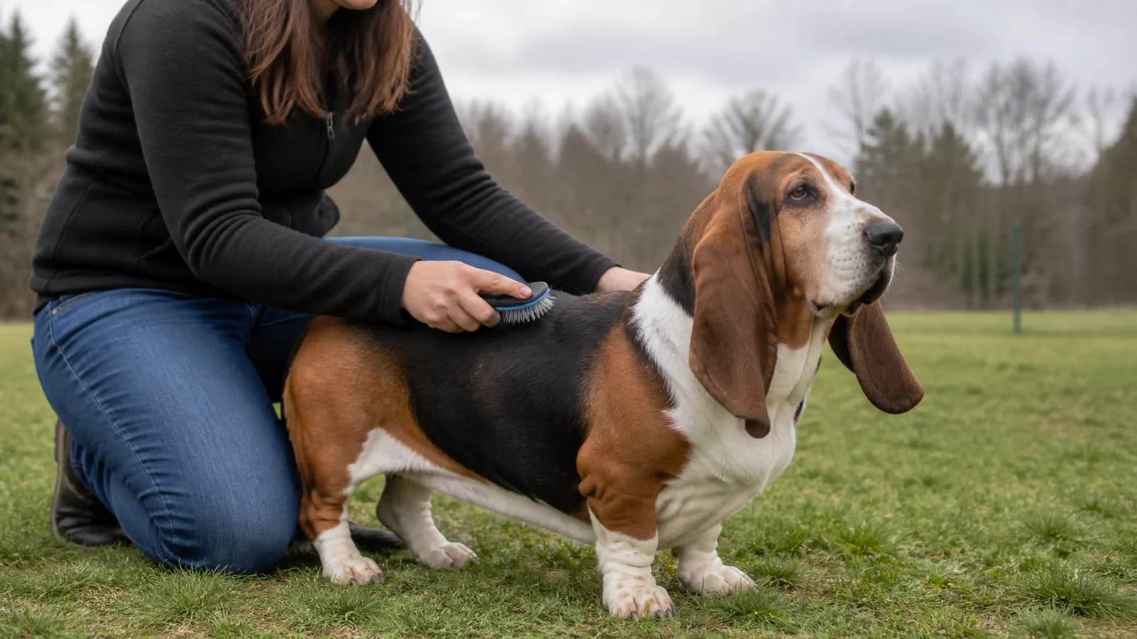 Owner brushing a Basset Hound outdoors with gentle short strokes