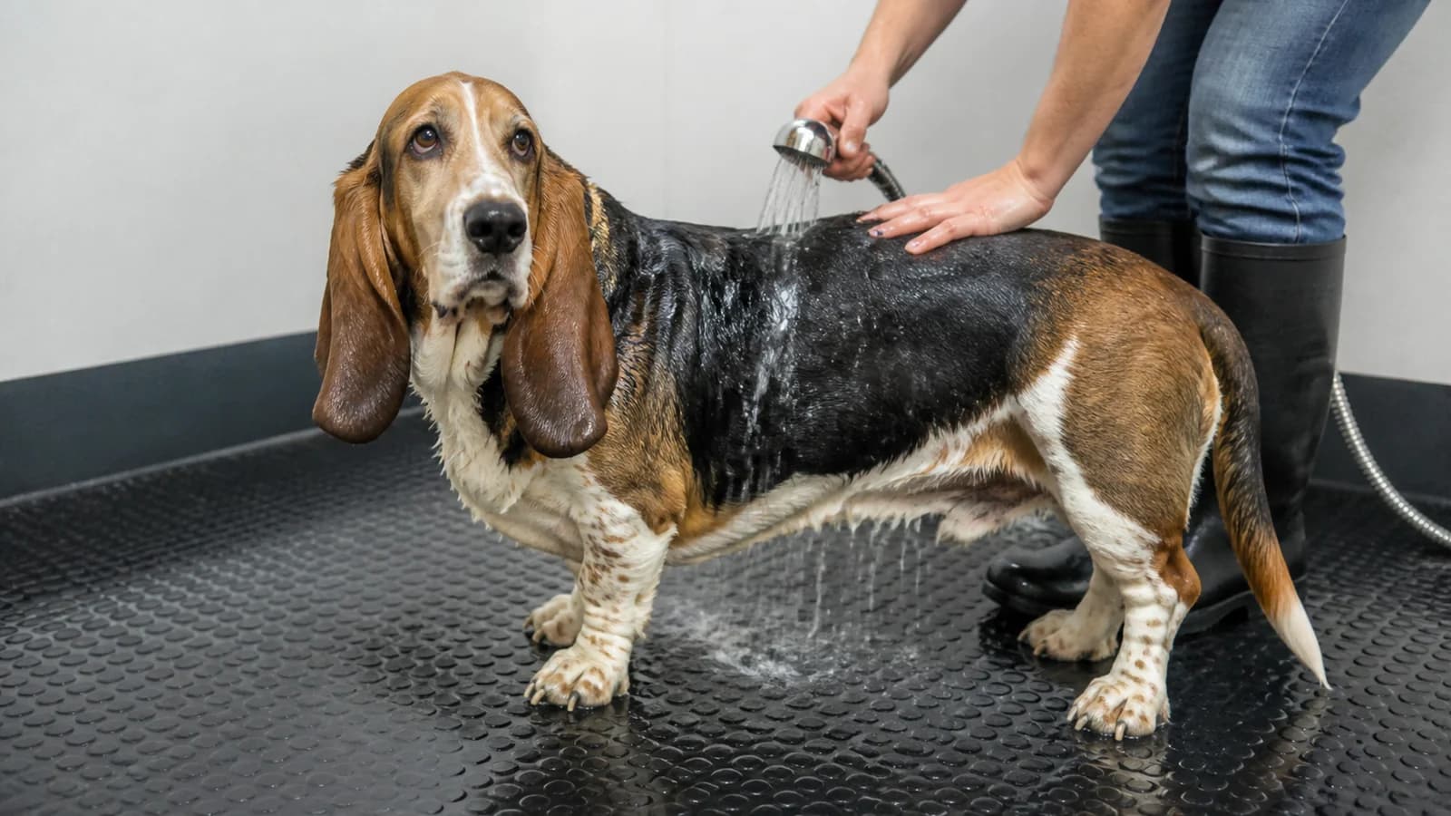 Basset Hound receiving a calm bath on a non-slip surface