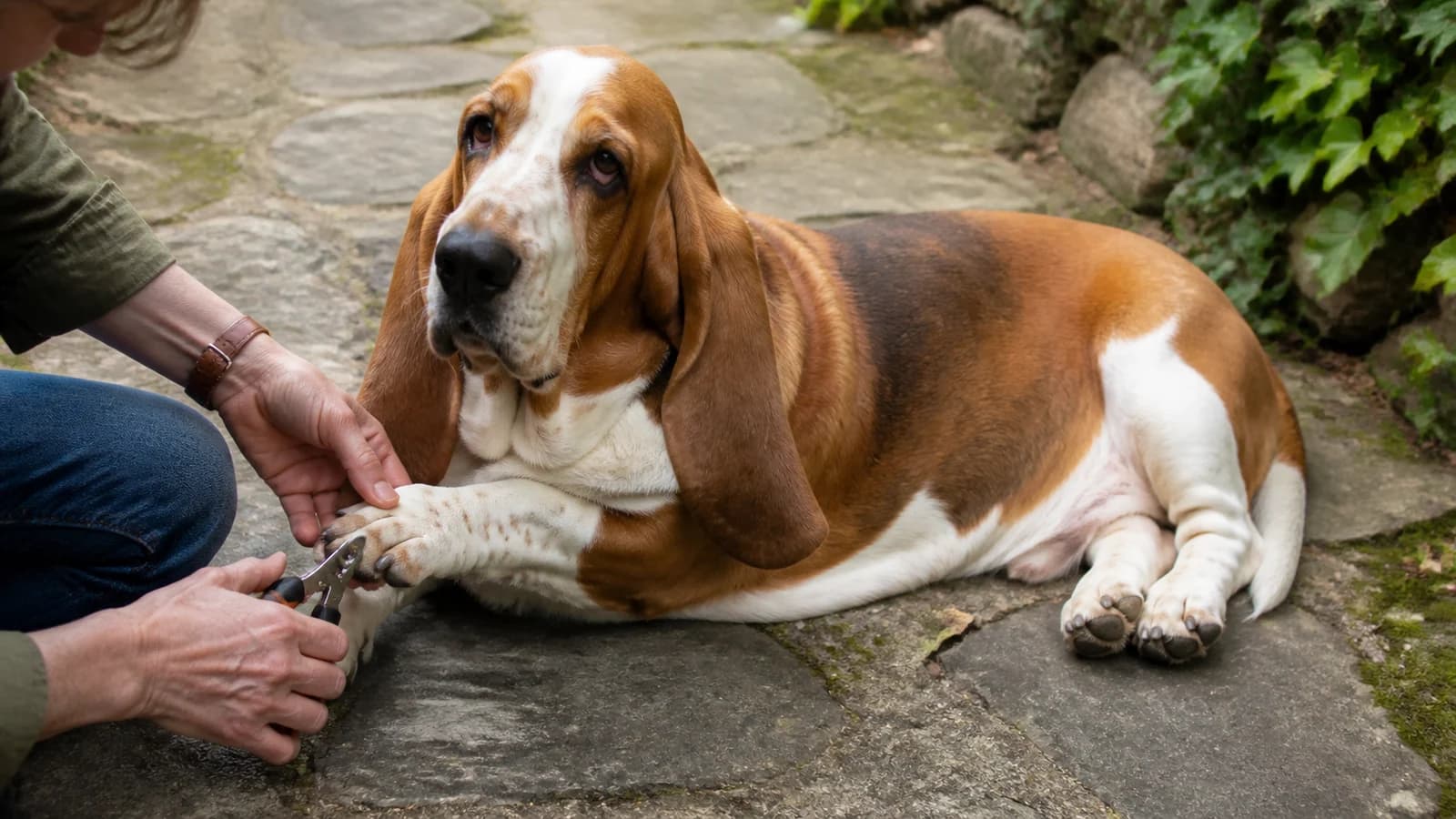 Close view of a calm Basset Hound receiving a safe nail trim