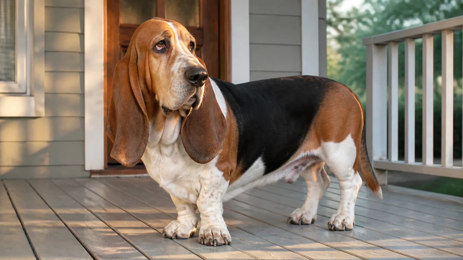 Healthy tricolor Basset Hound showing a realistic glossy short coat in natural light