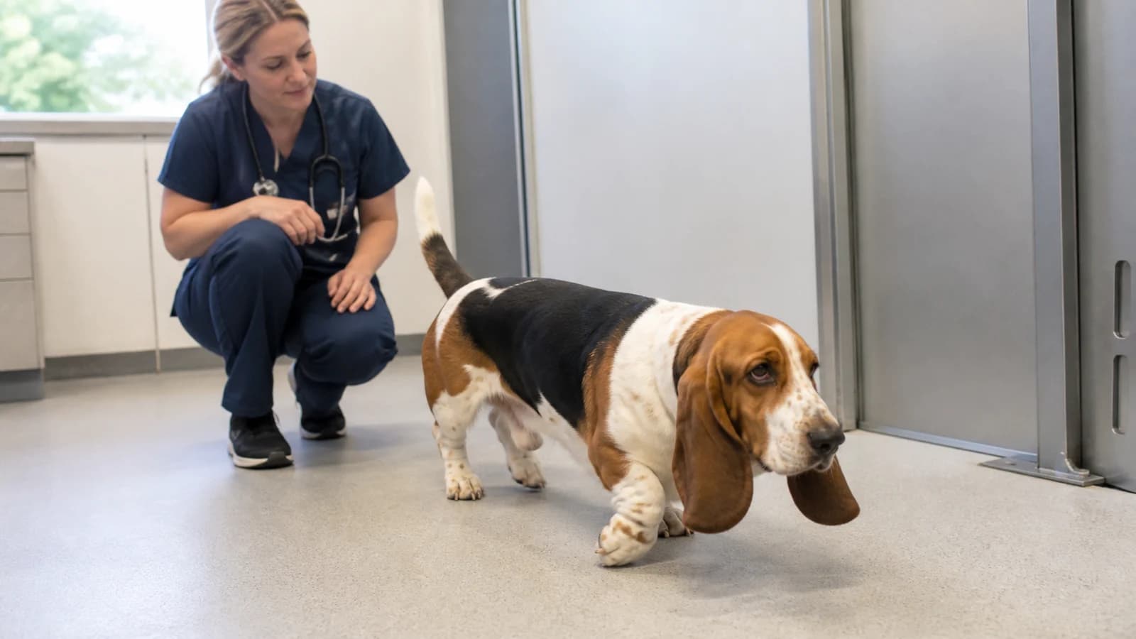 Veterinarian observing a Basset Hound walking during a mobility assessment
