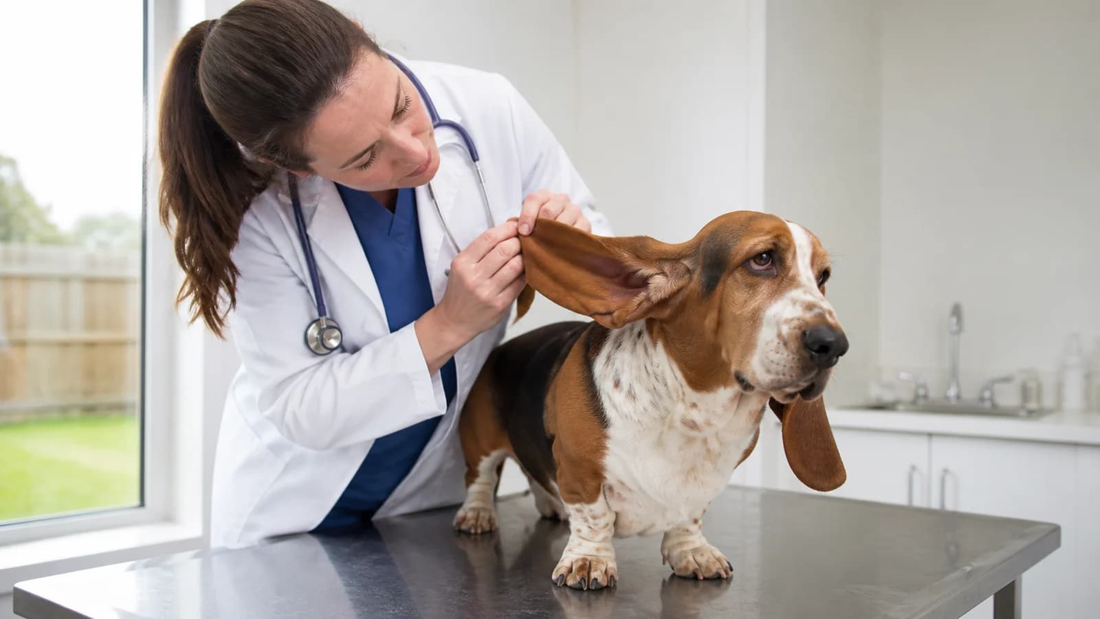 Veterinarian gently inspecting a Basset Hound ear in a bright clinic