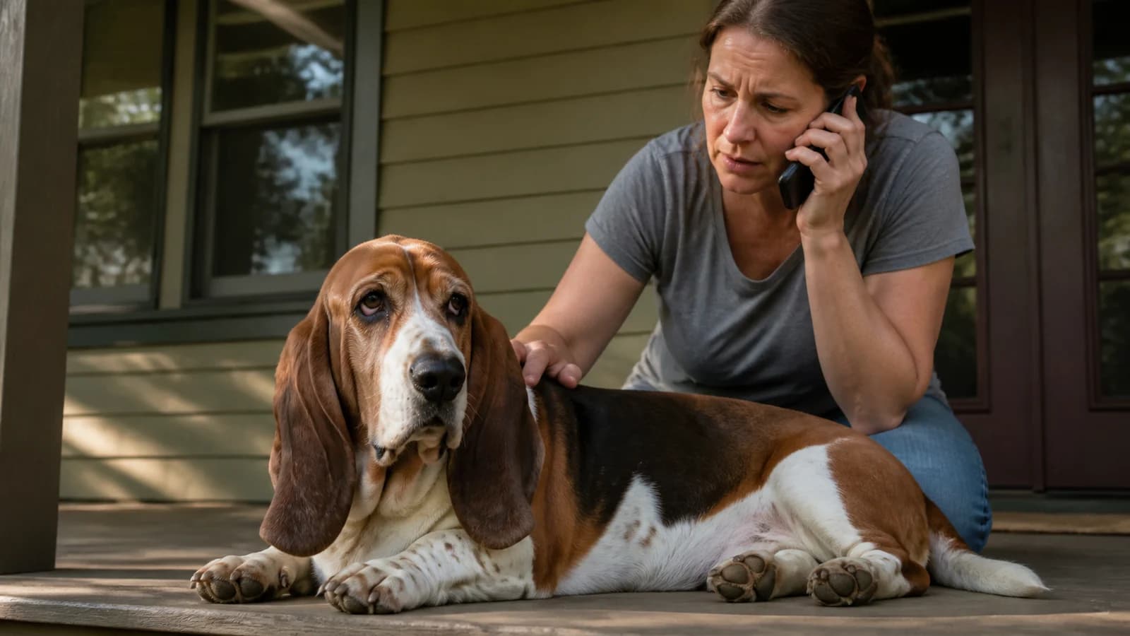 Concerned owner calling a veterinarian beside a resting Basset Hound, non-graphic scene
