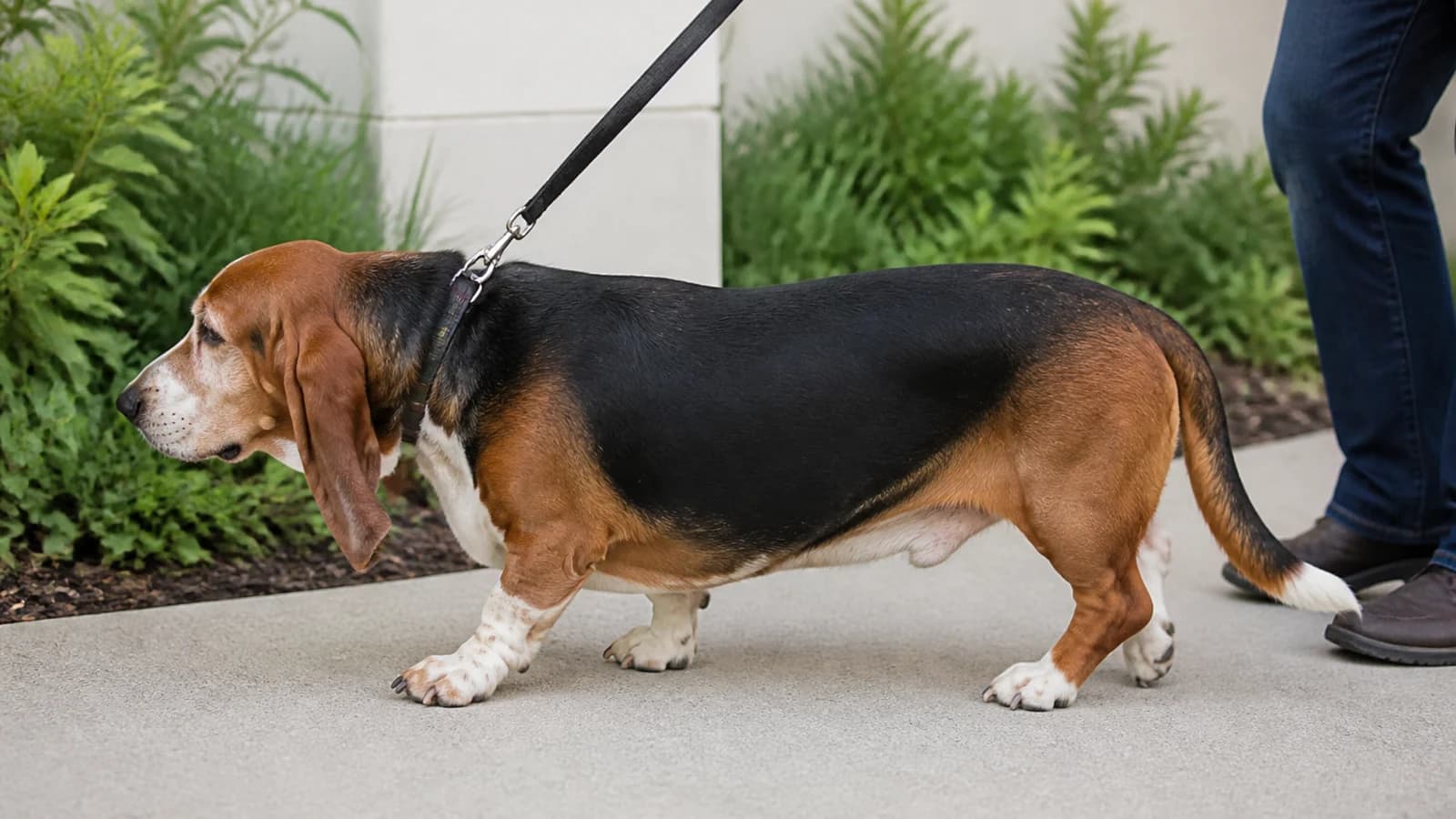 Adult Basset Labrador-type mixed dog walking on leash outdoors