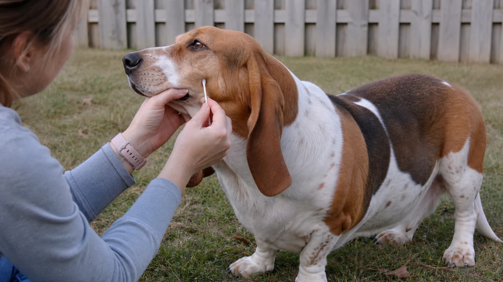 Owner using a dog cheek swab with a relaxed mixed-breed dog, no branded kit
