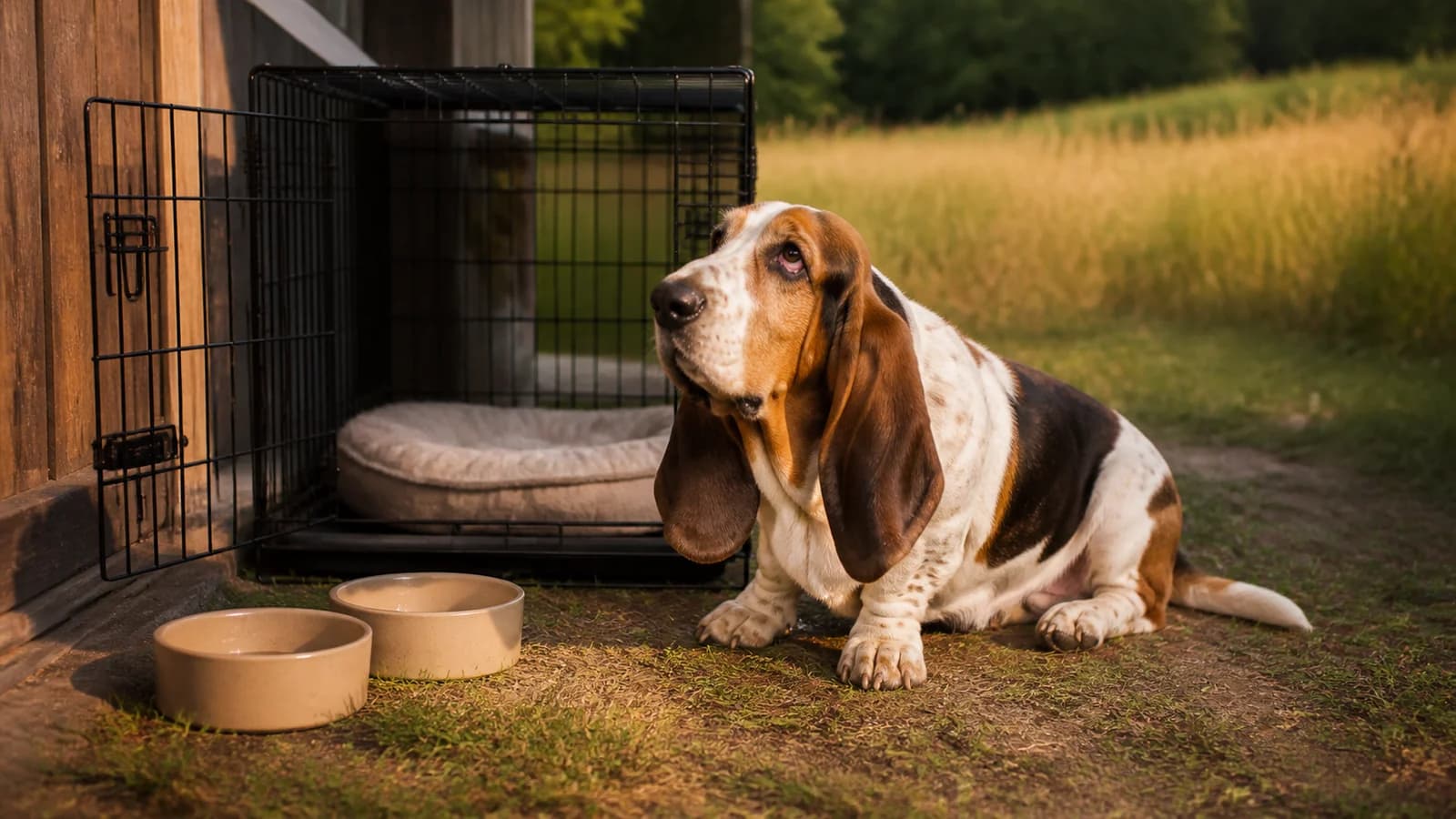 Dog home setup with an open crate, plain bowls and bedding beside a Basset Hound