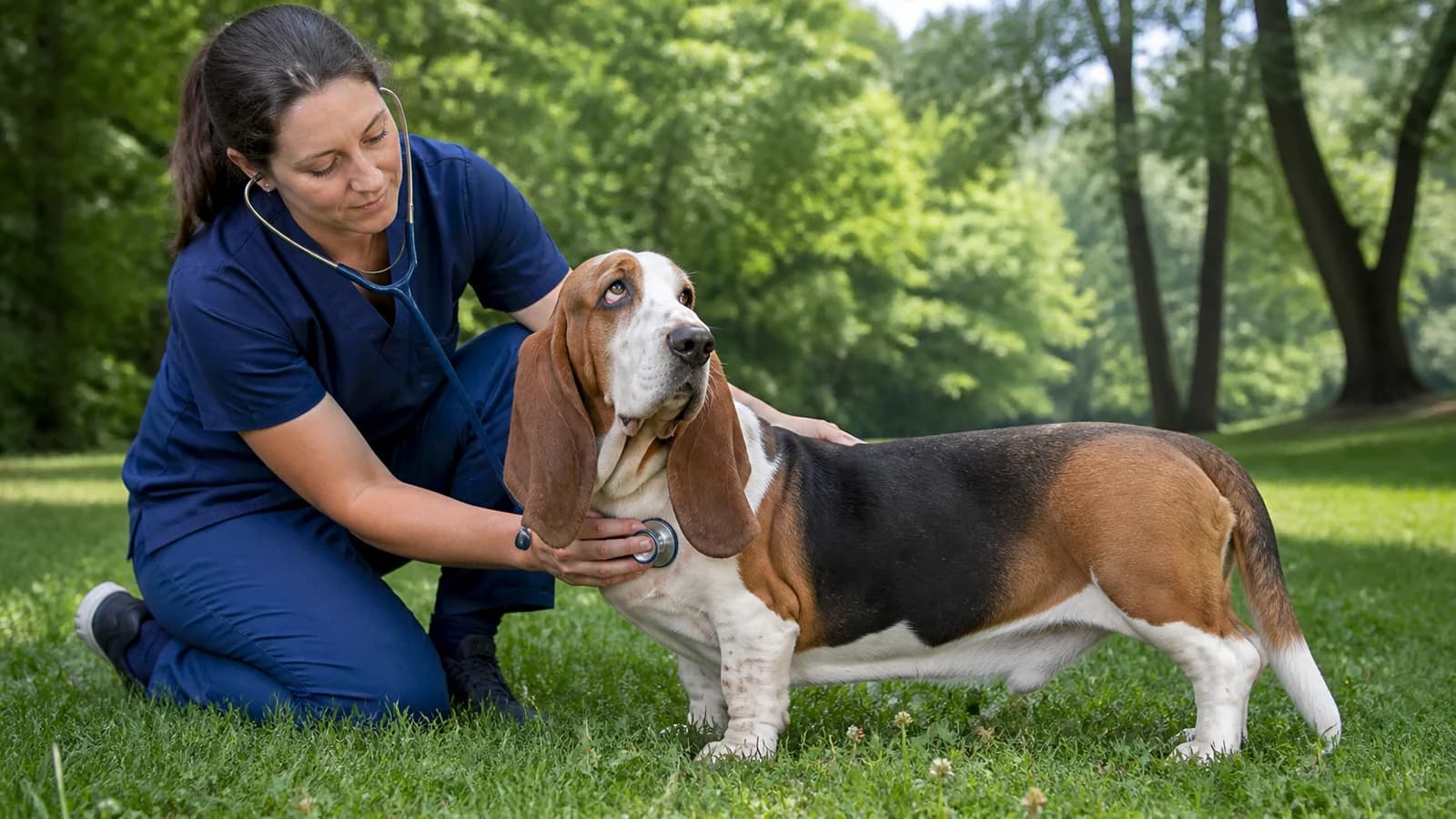 Basset Hound receiving a calm wellness exam from a veterinarian