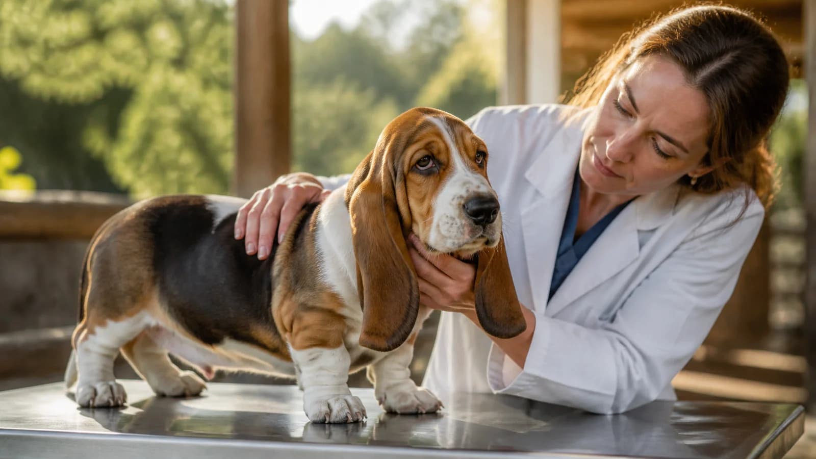 Veterinarian calmly examining a Basset Hound puppy on a clinic table