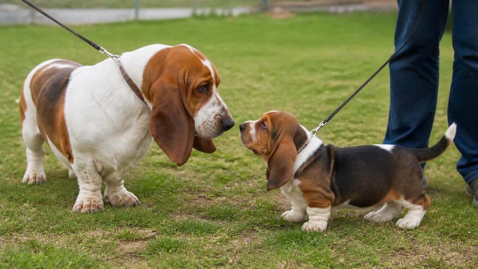 Basset Hound puppy meeting a calm adult dog under close supervision
