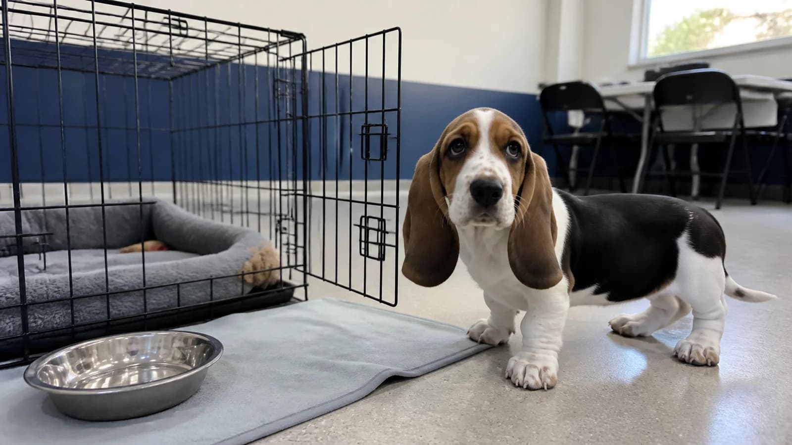 Basset Hound puppy beside a correctly sized open crate and puppy-safe setup