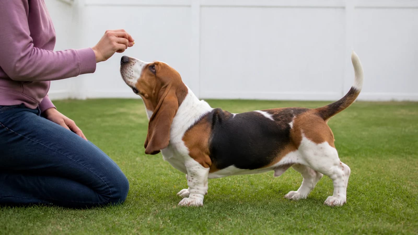 Owner reward-training a Basset Hound puppy in a quiet fenced yard