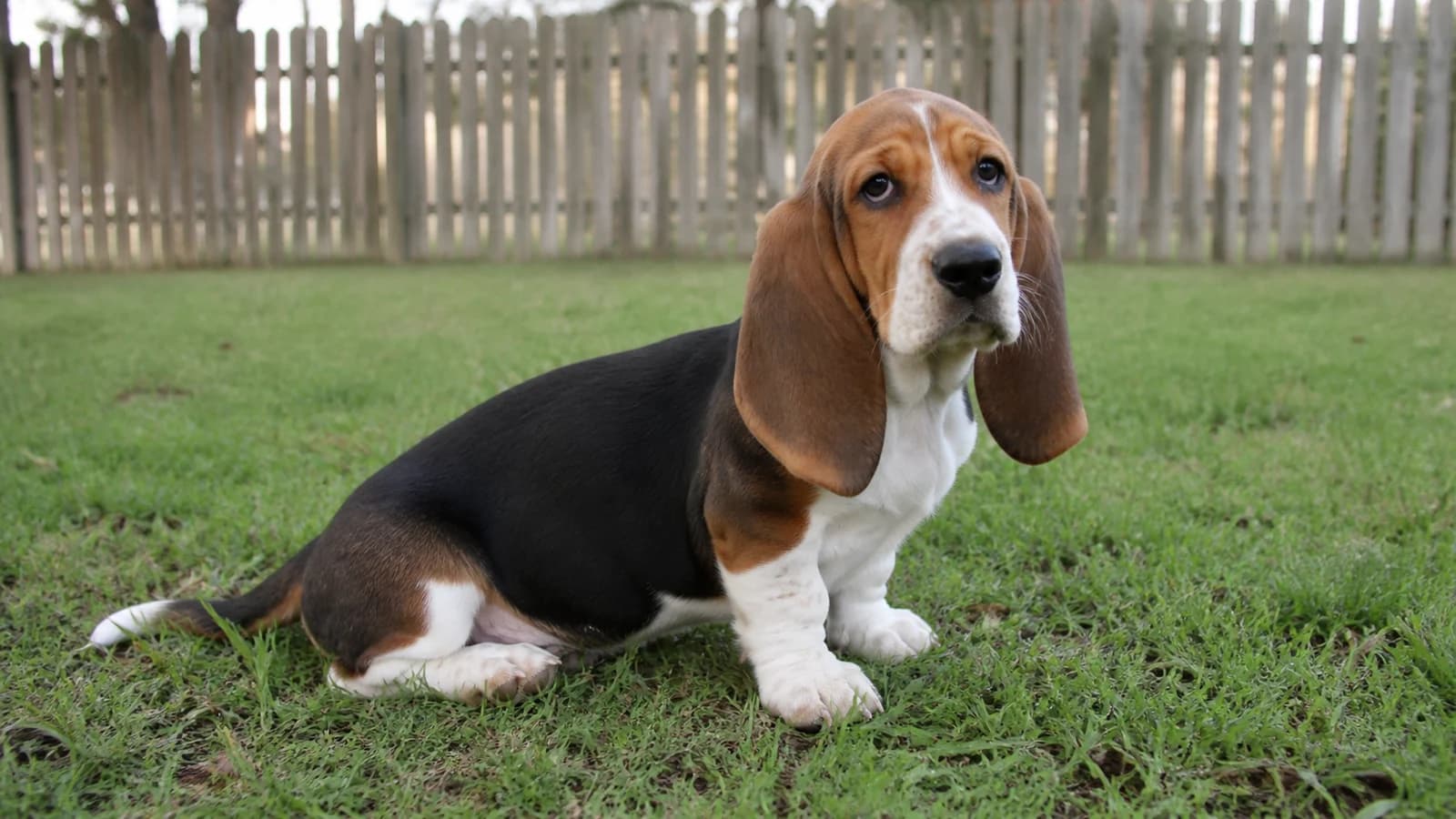 Realistic tricolor Basset Hound puppy sitting alertly on grass