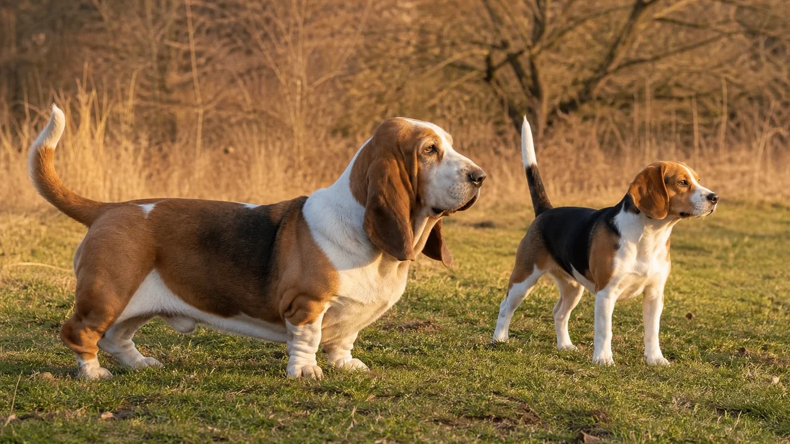 Side-profile Basset Hound and Beagle showing realistic height and build differences
